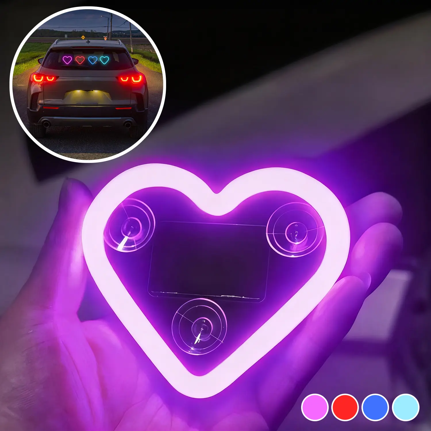 DABATR Solar Powered LED Heart Shape C-Pillar Neon Light Eco-Friendly Wireless Car Interior Decor