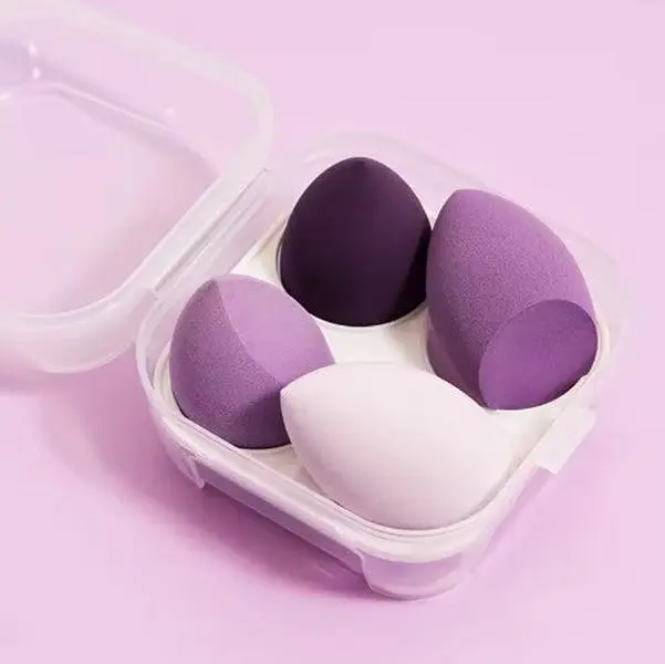 Teardrop Shape Beauty Egg Blender Sponge Set (4 Pieces) - Smoothing, Color Correction, Travel Size, with Storage Container, Purple