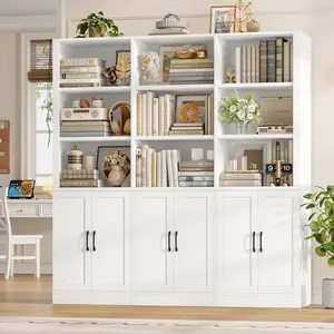 FOTOSOK 70” H x 63” W Triple Wide Bookshelf, Tall Bookshelf and Bookcase with 6 Doors, 5 Tier Book Shelf with 15 Storage Shelves, Tall Book Case Large Bookshelf with Storage Cabinet for Home Office