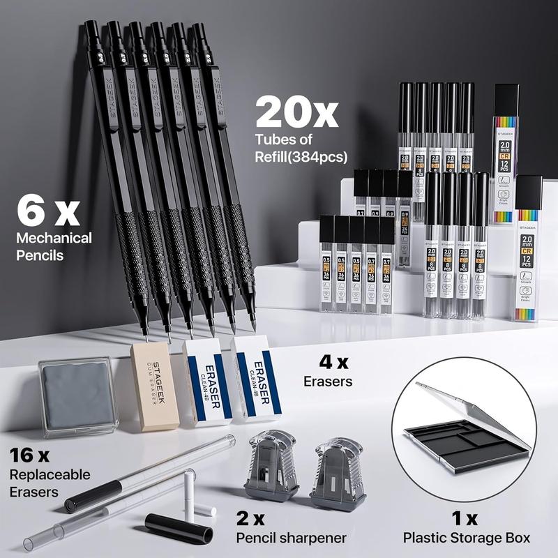 35Pcs Art Mechanical Pencil Set with Case, 0.5 0.7 0.9 2.0 Graphite Metal Drawing Drafting Pencils, Sharpener Erasers 384PCS Lead Refills (6B 4B 2B HB 2H 4H Colors)Pencils for Writing Sketching,Black 35Pcs Art Mechanical Pencil Set with Case, 0.5 0.7 0.9 2.0 Graphite Metal Drawing Drafting Pencils, Sharpener Erasers 384PCS Lead Refills (6B 4B 2B HB 2H 4H Colors)Pencils for Writing Sketching,Black