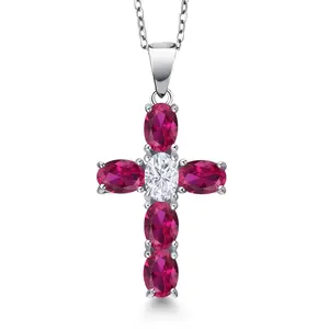 Gem Stone King 925 Sterling Silver Red Created Ruby and White Moissanite Cross Pendant Necklace for Women | 3.00 Cttw | Gemstone July Birthstone | Oval 6X4MM | With 18 Inch Chain