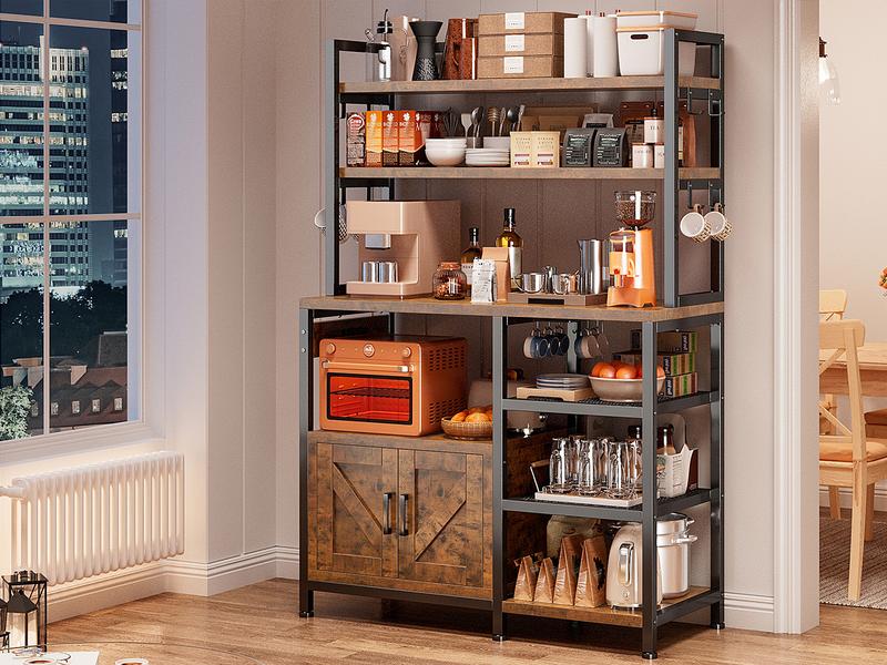 Raybee Bakers Rack for Kitchen with Power Outlet, 6-Tier Microwave Stand with Storage Cabinet, Farmhouse Kitchen Coffee Bar with Side Hooks, Utility Shelf for Kitchen Furniture