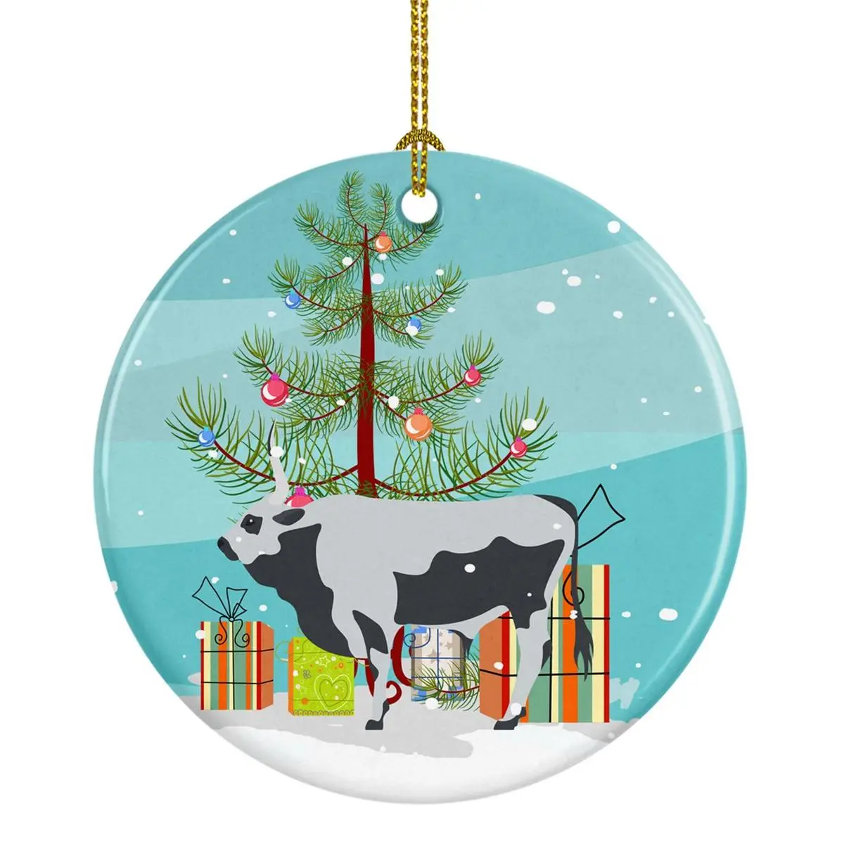 Hungarian Grey Steppe Cow Christmas Ceramic Ornament