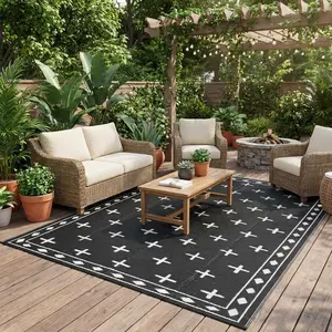 Bohemian Style PP Woven Outdoor Rug Lightweight Easy to Clean Mat for Balcony Backyard RV Modern Cross Shape Pattern Plastic Straw Mats Foldable Portable for Camping Picnic Auto Patio Poolside Decor