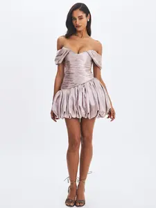 Milena Champagne Ruched Asymmetrical Bubble Mini Dress