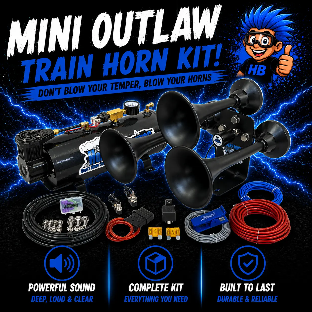 Mini Outlaw 3 Liter Train Horn Kit 12-Volt | Compact & Commanding Design with 3-Chime Metal Tone & 3-Liter Air Source Unit - Automotive
