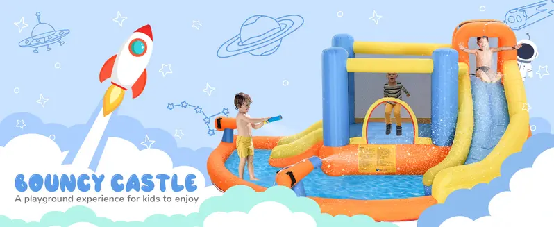 #tiktokshopbacktoschool Outsunny 5/6/8-in-1 Summervibes Inflatable Water Slide Kids Bounce House with Splash Pool Climbing Wall Air Pump Water Cannon Slide Trampoline Multifunction Durable Outdoor Backyard Fun