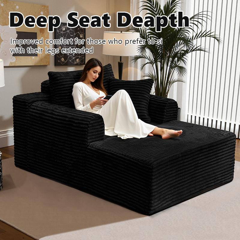 Oversized Boneless Chaise Lounge Upholstered Sofa Bed with Throw Pillows and Armrests Indoor Sleeper Chair Luxurious Plush Corduroy Chair Bed for Living Room No Assembly Required Black Color