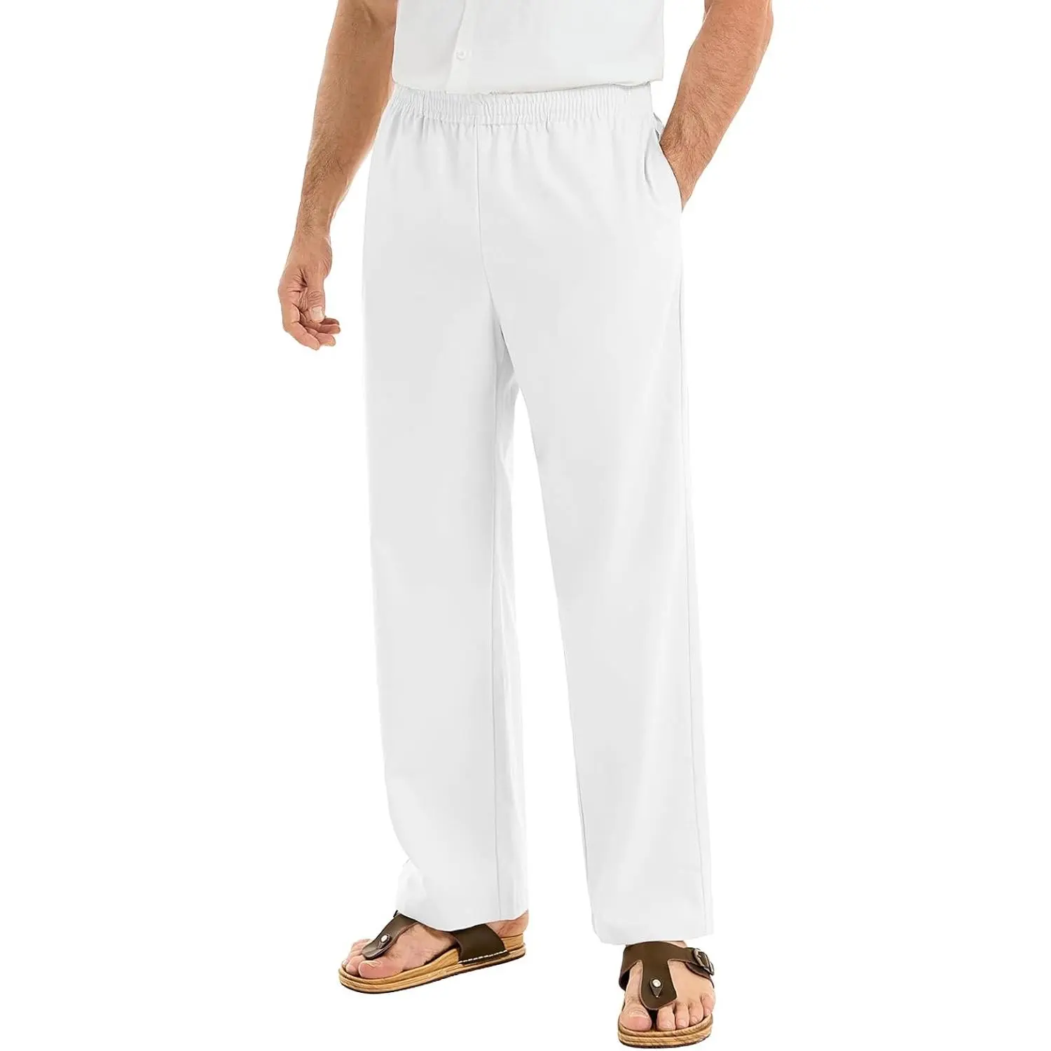 Auxo Men's Casual Linen Pants Elastic Waist Drawstring Beach Summer Pants Lightweight Linen Cotton Trousers