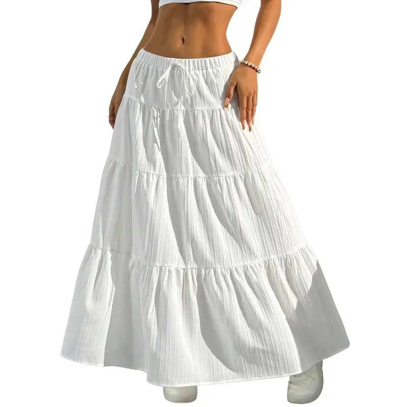 Women's Boho Flowy White Maxi Skirt Flared Ruffle Elastic Waist Summer A Line 2026 Spring Long Bohemian Skirts,back to school shopping