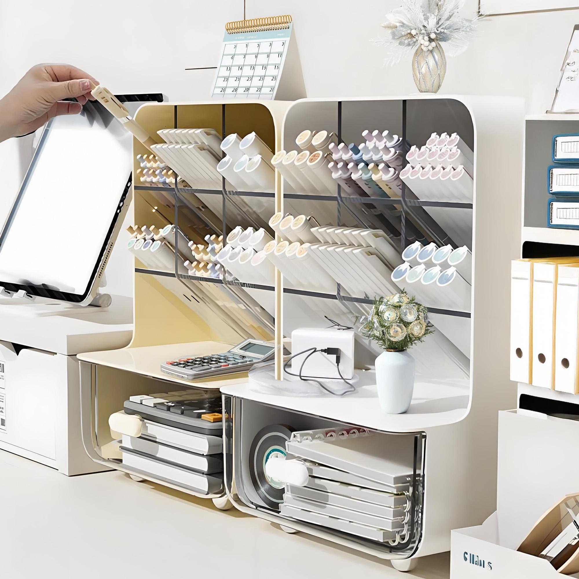 BePatio Pencil holder,1 Count Large Capacity Multi-grid Desk Side Stationery Storage Box,makeup brush holder with Drawer,Stationery Storage Box  for Home Office School,Desk Organizer