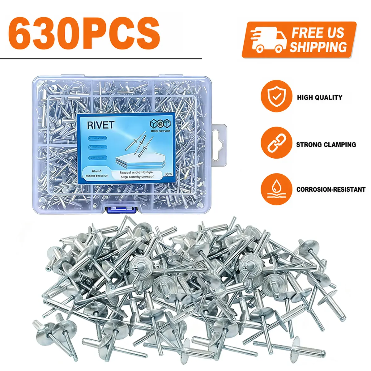Heavy Duty Stainless Steel Blind Pop Rivets Assortment Kit, 630 Pcs Various Sizes (3.2mm/4mm/4.8mm) Fastening Solutions for DIY, Furniture Repair, Reliable Hardware Fasteners