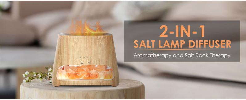 SALKING 2-in-1 Ultrasonic Essential Oil Diffuser & Himalayan Salt Lamp, Aromatherapy Diffuser Cool Mist Humidifier with Auto Off Function, 100% Pure Himalayan Pink Salt Rock, 150ml (Wooden Grain)