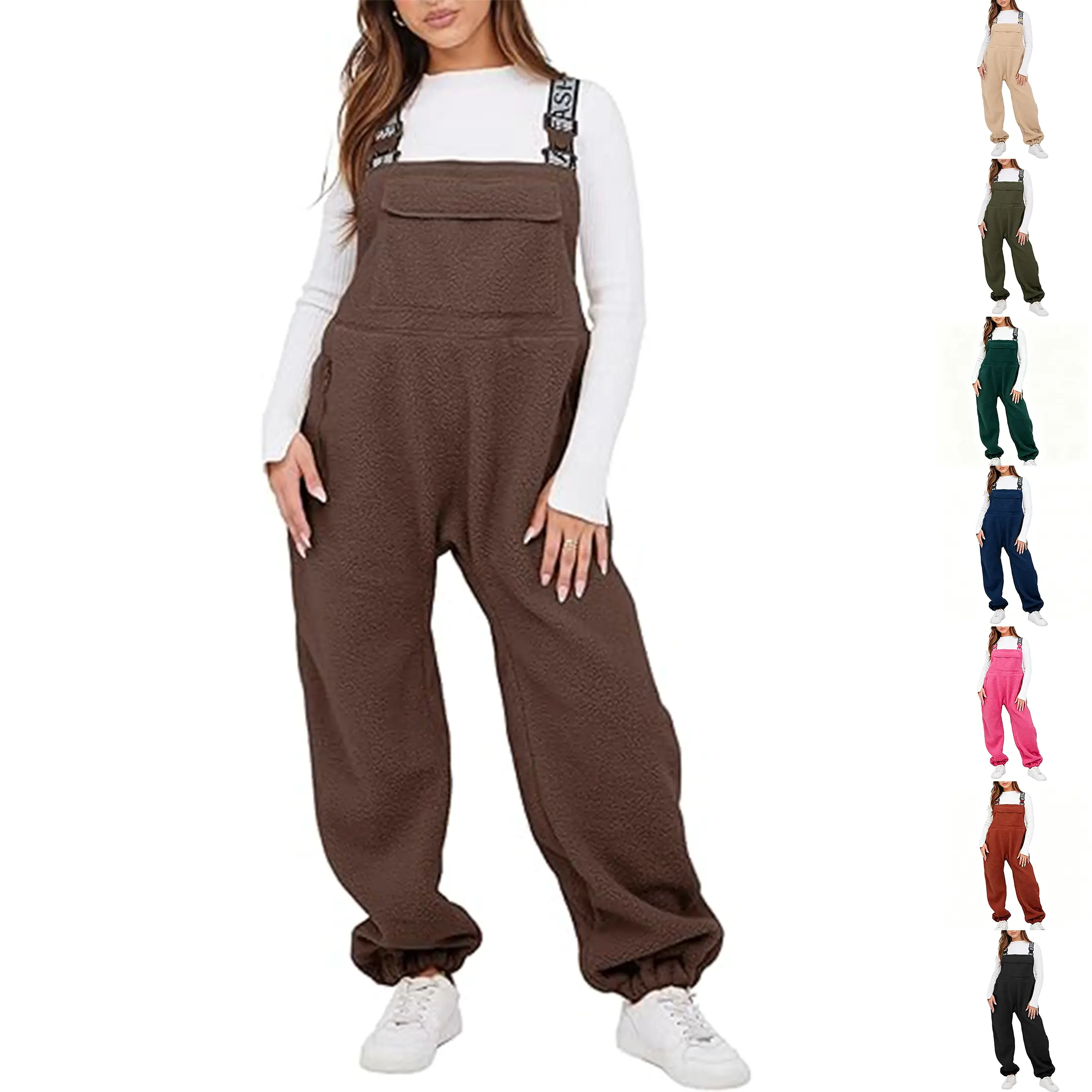 Wandal Women's Minimalist Warm Fleece Bib Overalls - Loose Jumpsuits with Adjustable Straps, Side Pockets, Winter Casual Outwear