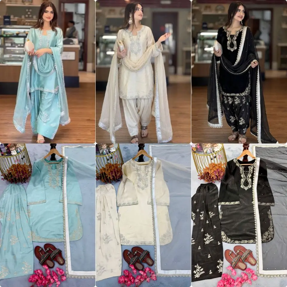 Party, wedding and Eid wear. Silk Top & Farshi Palazzo Set with Embroidered Dupatta