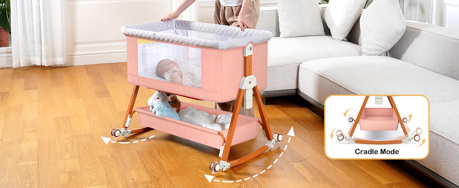 bassinetbaby 6 Height Adjustable Cribs Easy to Fold Portable Crib Side Bassinet Swing Cradle Bed Side Sleeper with Ventilated Net Wheels America Made