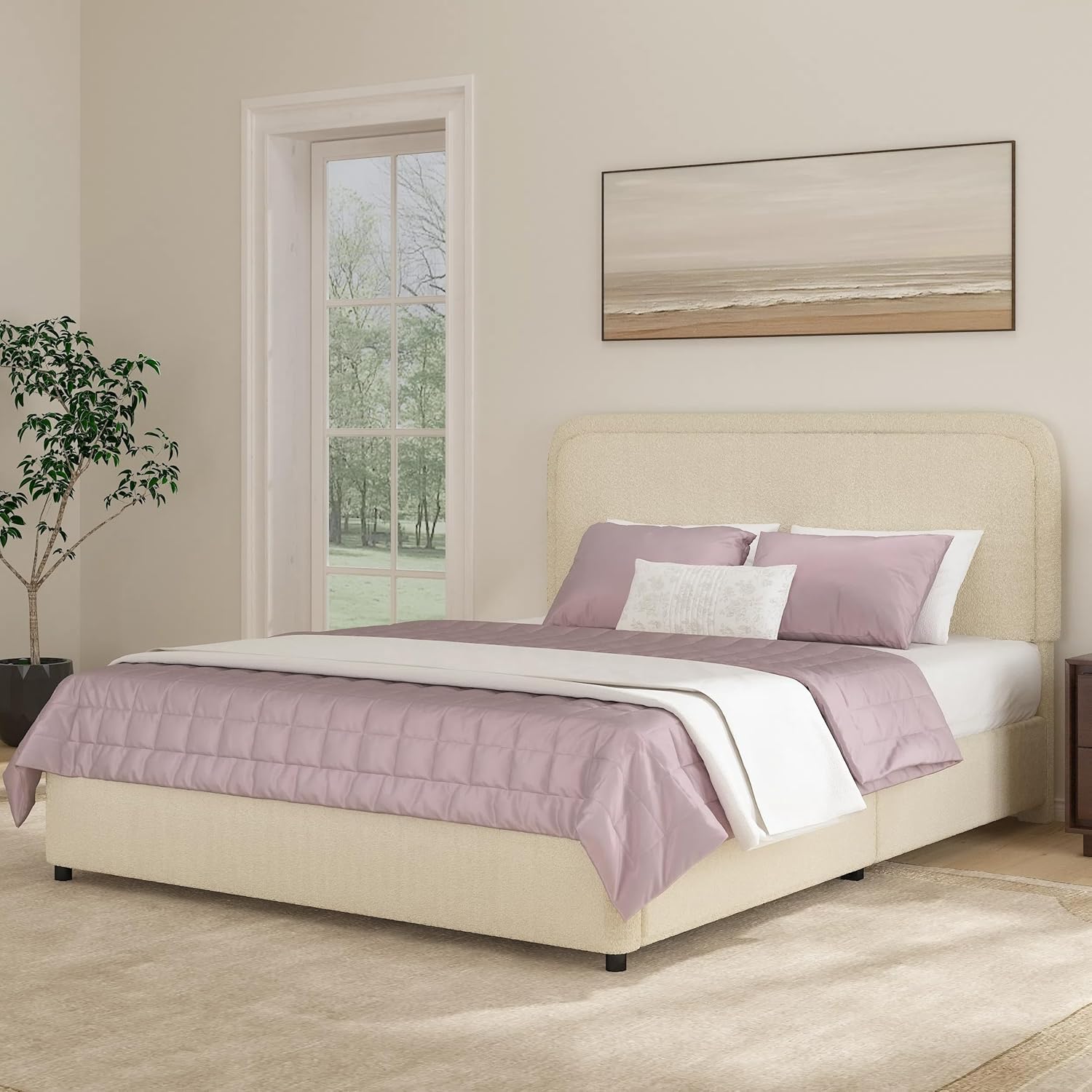 HOMBCK Bed Frame, No Mattress, Boucle Upholstered Platform Bed Frame, Modern, Rounded Corners, Noise Free, Easy Assembly