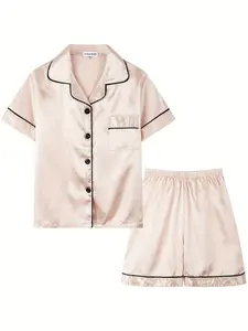 Kids Satin Pajamas Set - Cute Solid Champagne Short Sleeve Top and Shorts 2 Piece Sleepwear for Toddler Girls Boys, Ultra Soft Silk Button Down Pjs Loungewear with Contrast Piping, Perfect for Summer Nightwear Pajama Party, Cozy Homewear Luxury