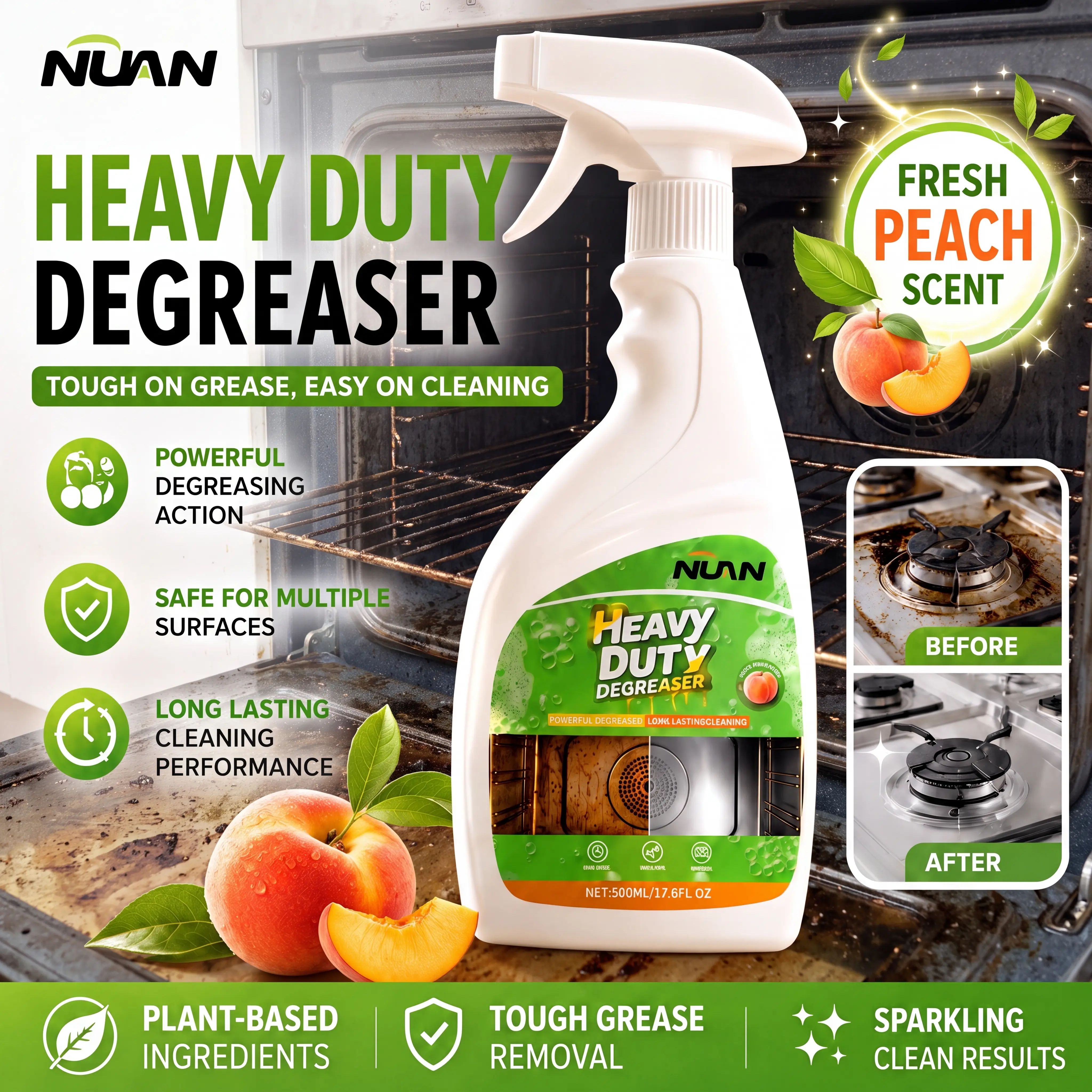 NUAN Kitchen Degreaser Spray, Multi-Surface Grease Cleaner for Stove, Range Hood, Oven, Cooktop and Appliances