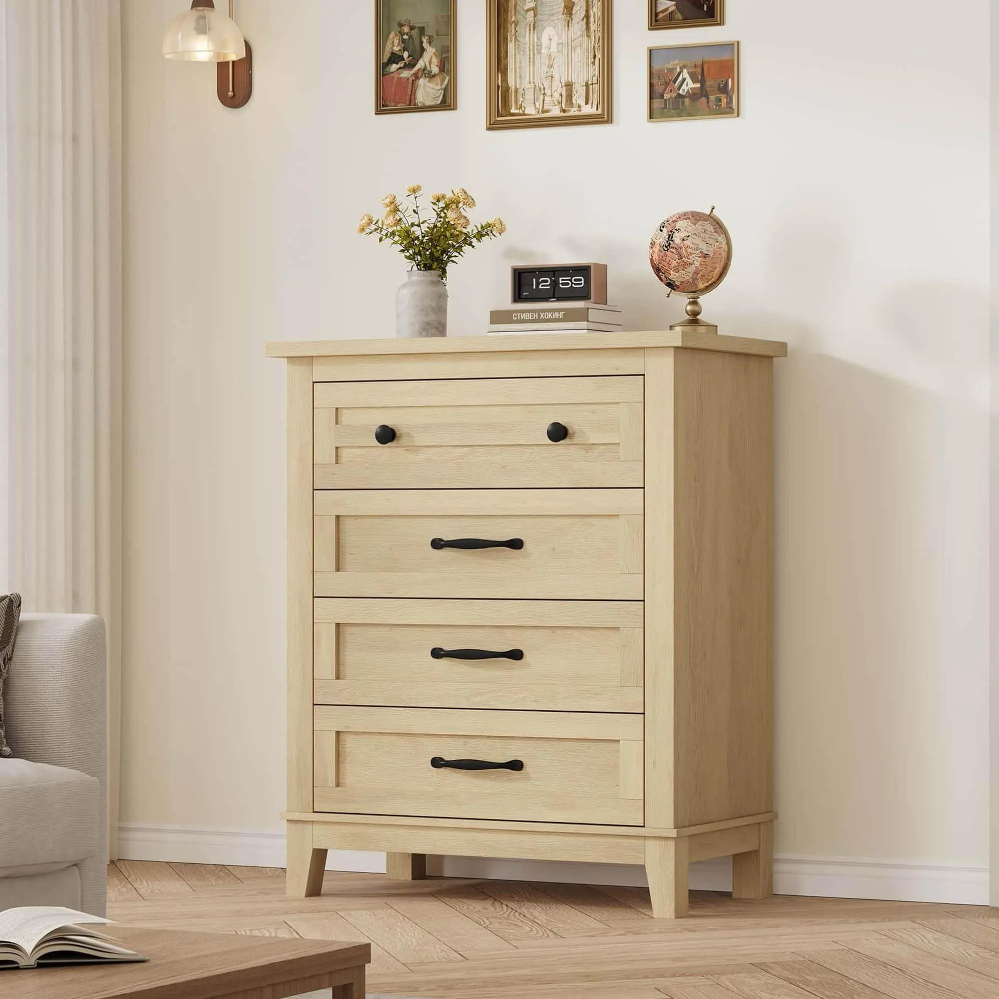 Wood Rustic 4-Drawer Storage Dresser Cabinet for Bedroom, 34.8" Tall Freestanding Wooden Chest, Wood Rustic Dresser