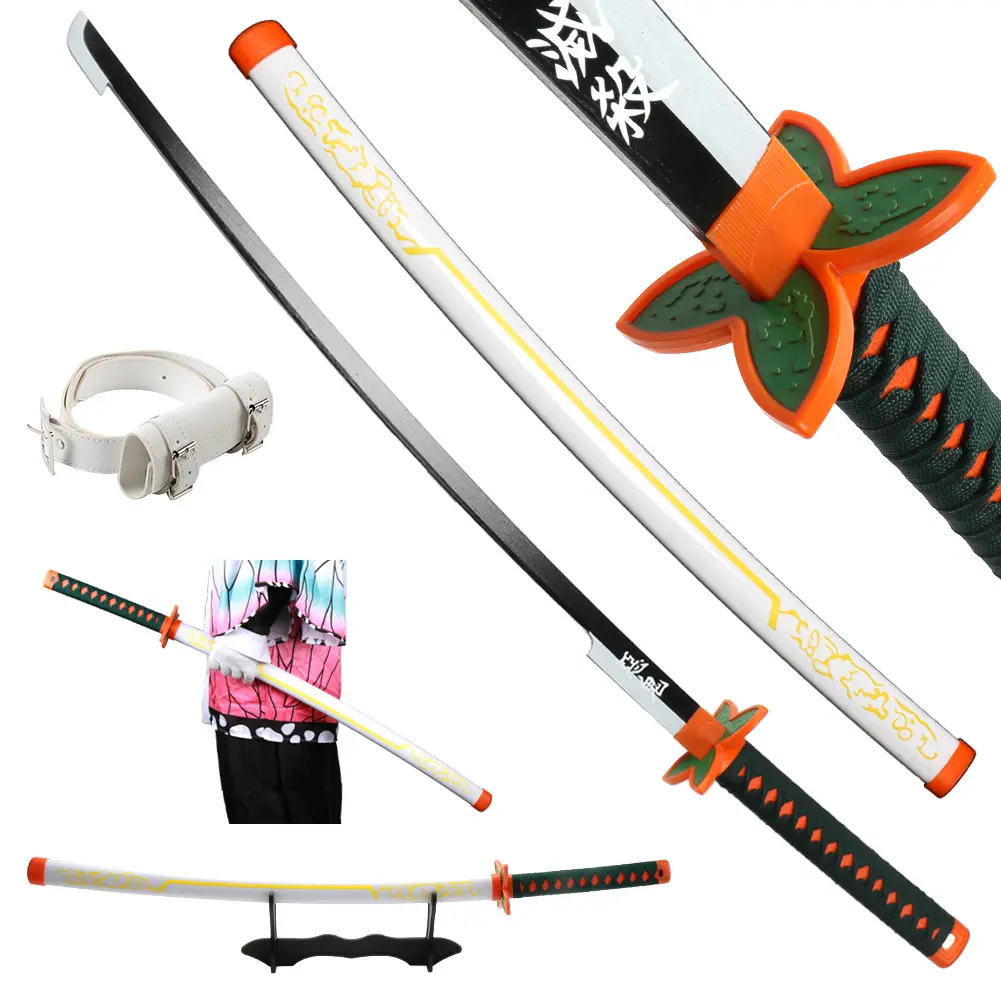 ELERVINO 41-in Bamboo Wooden Blade Demon Slayer Style Katana Sword (Plastic, 1.1 lb) - Anime Sword with White Belt, Holder Stand, Birthday Gift for 12+ Cosplay Props, Collectibles