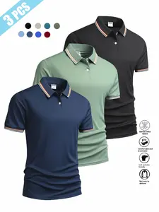 3-pack summer men’s short-sleeve polo shirts with a turn-down collar, striped polo shirts for casual sports wear. Perfect for business, travel, work, dates, and home wear—an essential casual style for any trip.