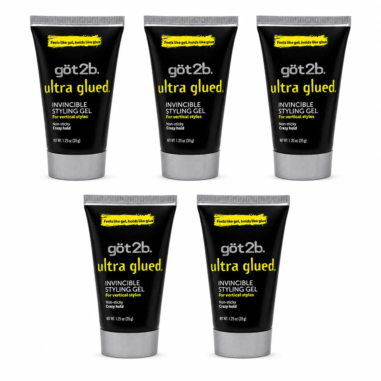 got2b Ultra Glued Invincible Styling Gel 1.25oz (Pack of 5) Strong Hold Hair Gel for Edges, Wigs & Sleek Styles | Non-Sticky No-Flake Formula