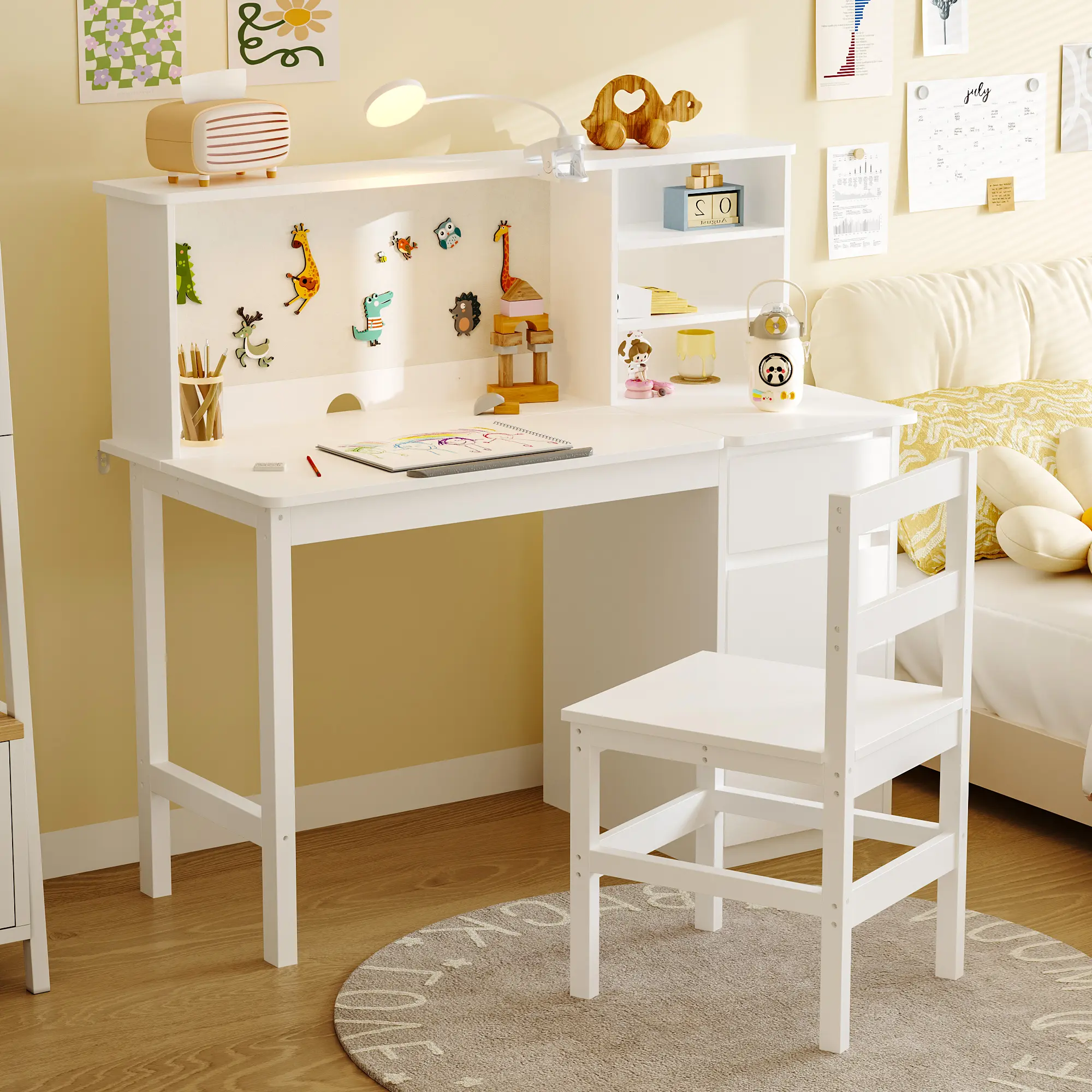 FUFU&GAGA Study Desk with Chair, Desk and Chair Sets with Hutch and Storage Cabinet, Wooden Study Table, Writing Table Computer Workstation