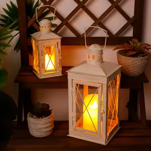Set of 2 Decorative Candle Lantern 12'' & 8'' High Metal Candle Holder Hanging Lantern Perfect for Home Decor Patio Living Room Parties Events Tabletop Indoors Outdoors (White)