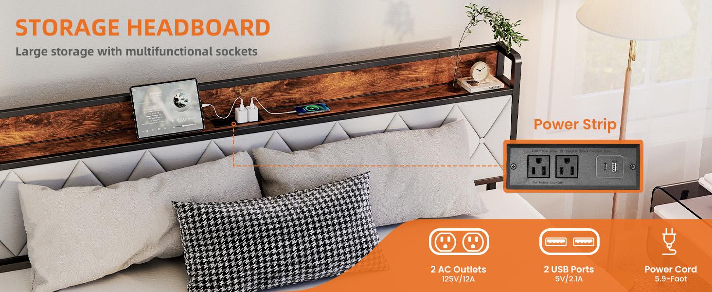 Full Bed Frame with Headboard, Underbed Storage, Built-in Charging Ports, Sturdy Noiseless Design, Tool-Free Assembly, No Box Spring Needed