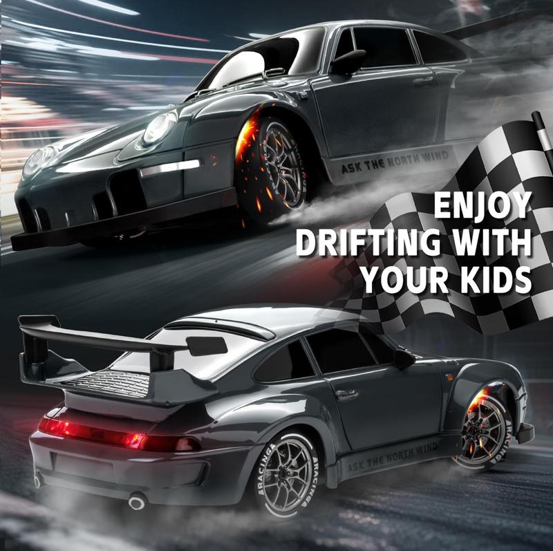 RC Drift Car Mini 4WD 7-Inch 2.4 GHz Remote Control 20 KM/H with LED Headlights, Roadblocks, Dual Batteries, Long-Range Remote Control, 2 Tire Sets Included