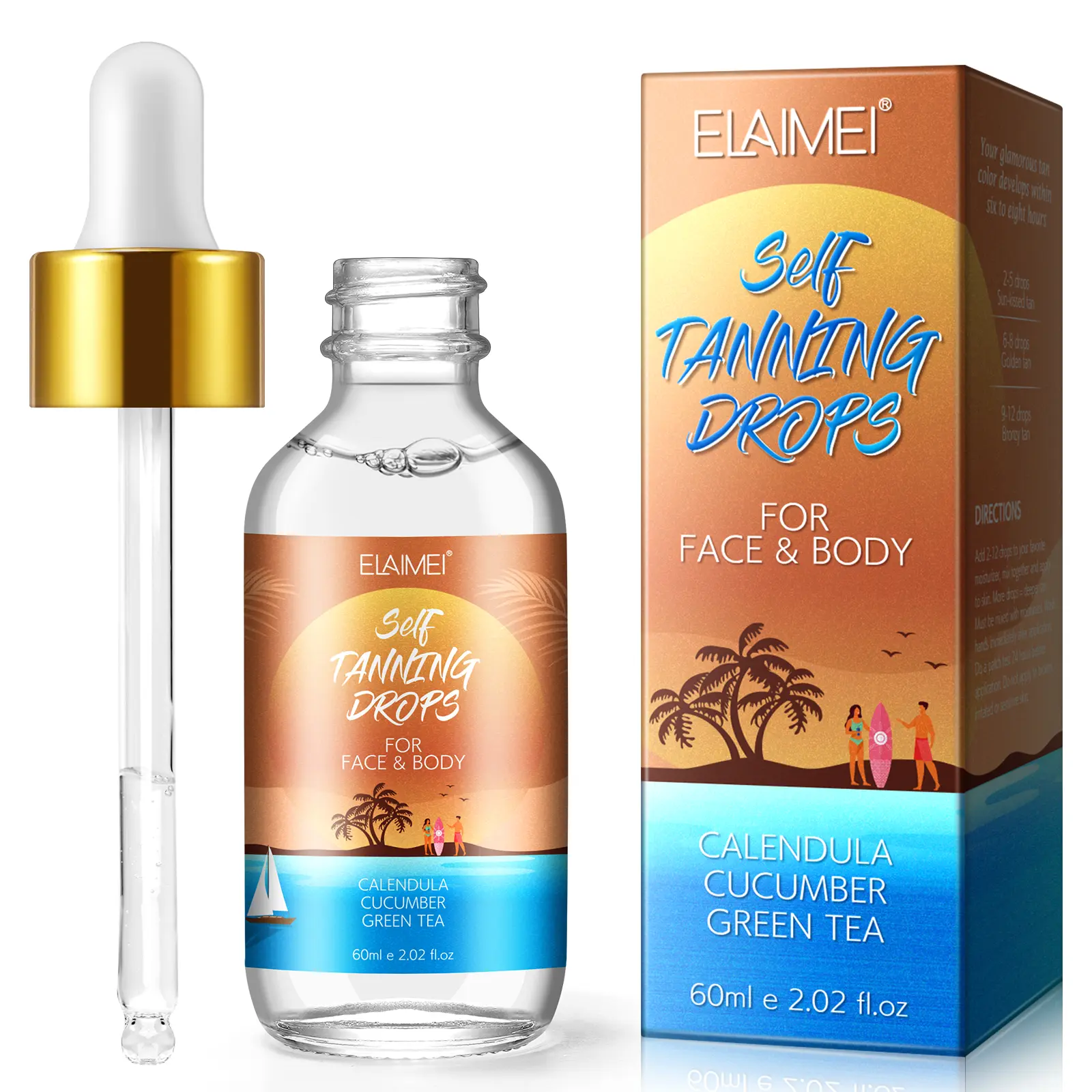【Elaimei Self Tanning Drops】60ml Natural Glow Tanner, Sunless Safe Tanning Solution for Body, Supports Tan Glow & Skin Health