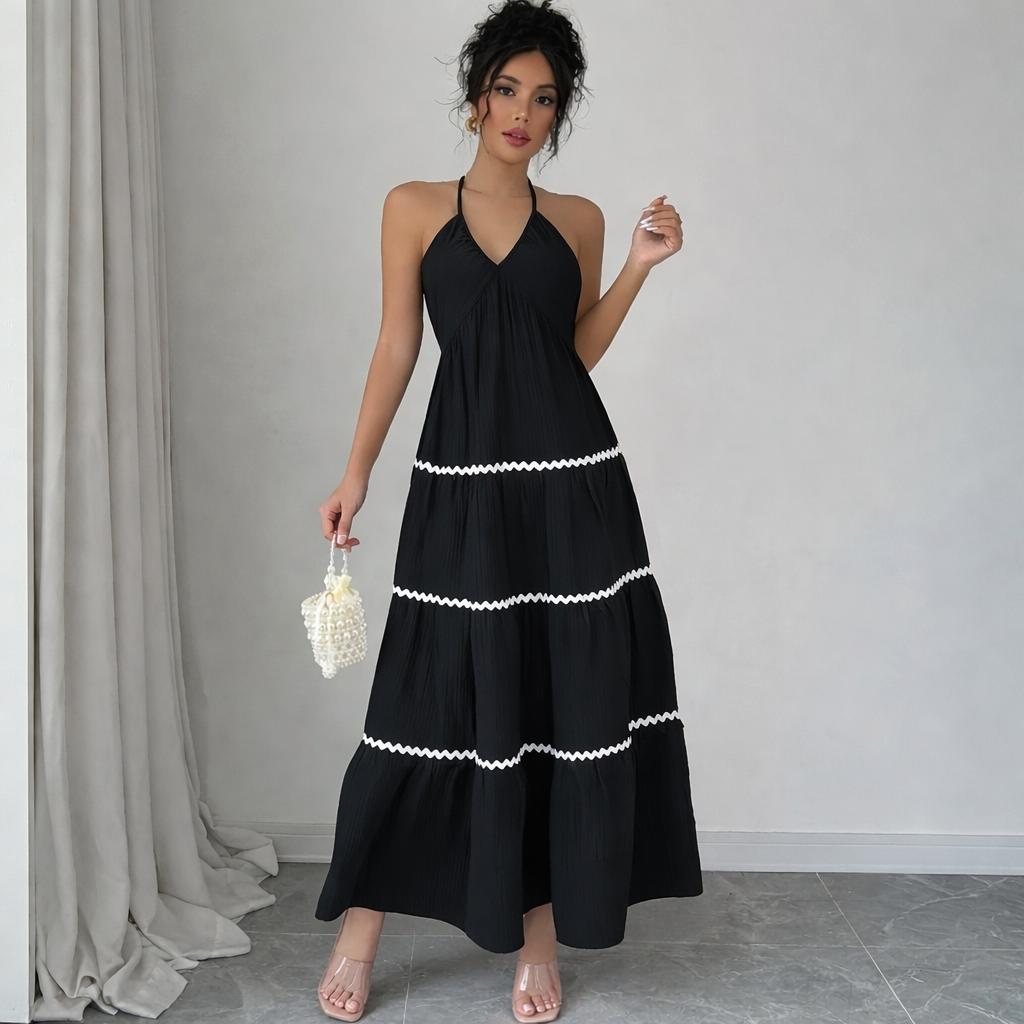 Florboom Women's Halter Neck Backless Maxi Dress Boho Tiered Ruffle Summer Beach Vacation Long Dress