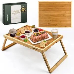 Acacia Wood Bed Tray Table with Folding Legs - Breakfast & Laptop Desk
