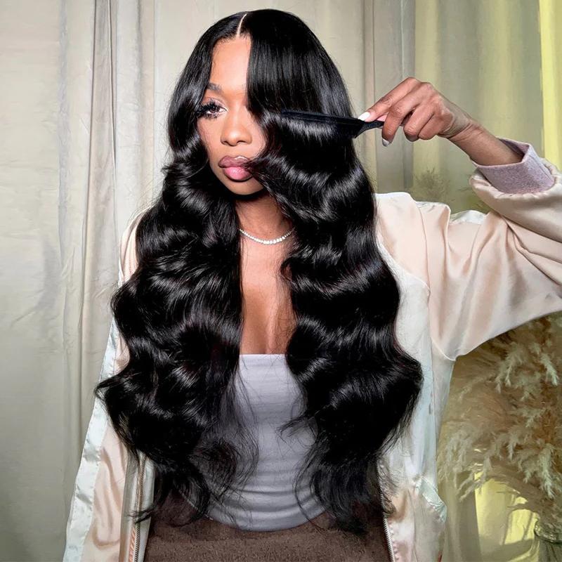 Mamushow 200% Density #4 Chocolate Brown & #1 Jet Black 13x6 Body Wave Full Lace Frontal Human Hair Wigs Wavy Natural Appearance Substantial Comfortable Fit