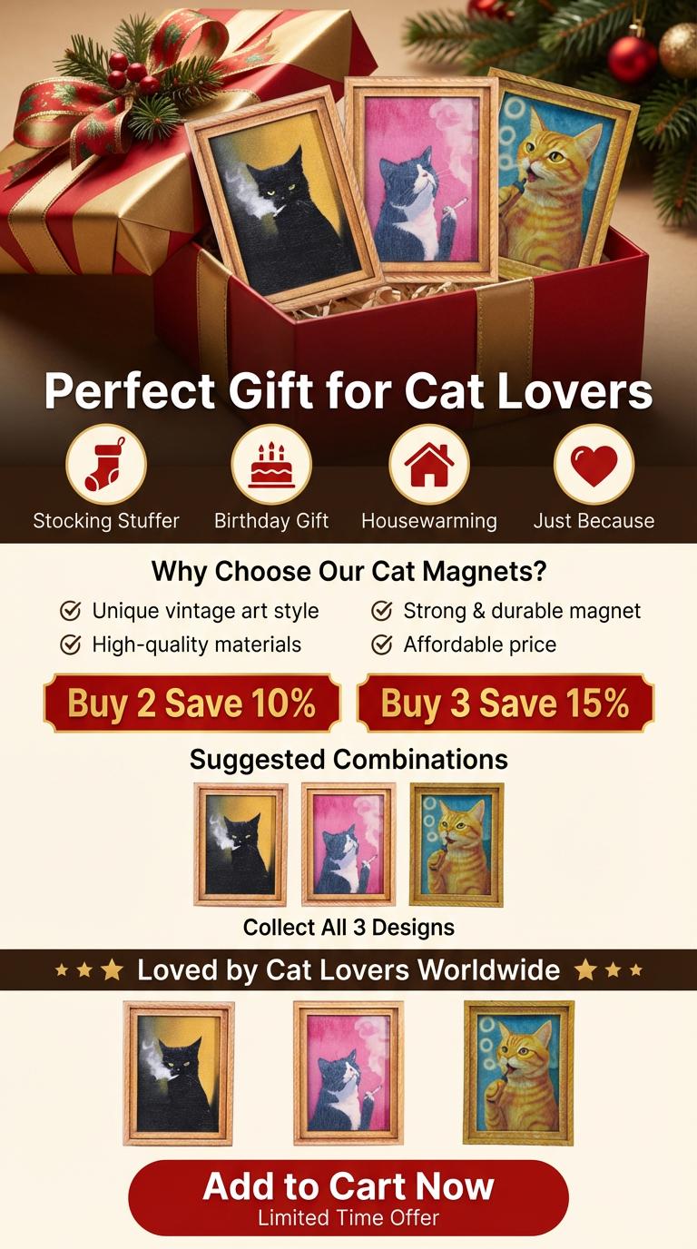 Funny Cat Fridge Magnet - Vintage Art Frame - Cute Stocking Stuffer & Locker Decor Gift Homedecor Kitty