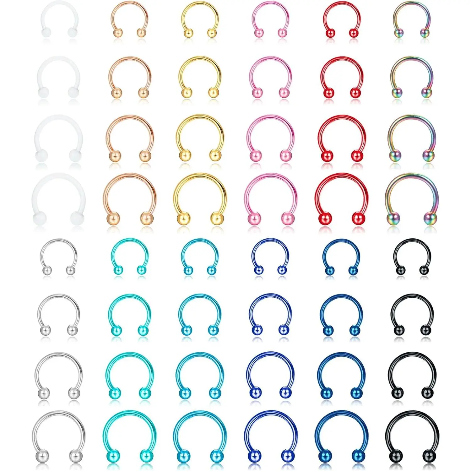 48-Piece Nose Piercings Kit & Septum Jewelry Accessories, 14G-18G Multi-Color 316L Stainless Steel Horseshoe Hoops for Women Men, Helix Pierced Ring for Cartilage, Unisex Fit, Christmas