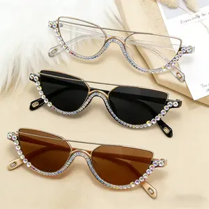 3 pairs of women's diamond studded cat eye double beam sunglasses, fashionable and irregular rhinestone decorative glasses, suitable for daily travel, tourism, and party wearing sunglasses