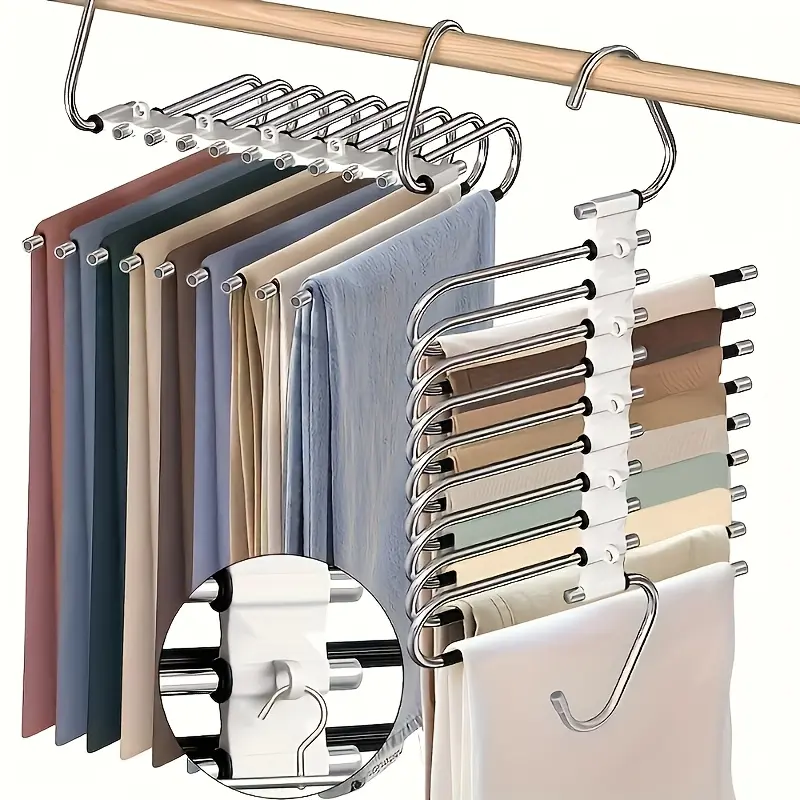 9-Tier Sturdy Metal Pants Organizer Hanger - Hanging Closet Storage Hanger with Non-Slip Coating, 5 Hooks, Stainless Steel Build, Reduces 80% Clutter, Ideal for Slim Jeans & Denim, Festival Gift Option, Closet Organization