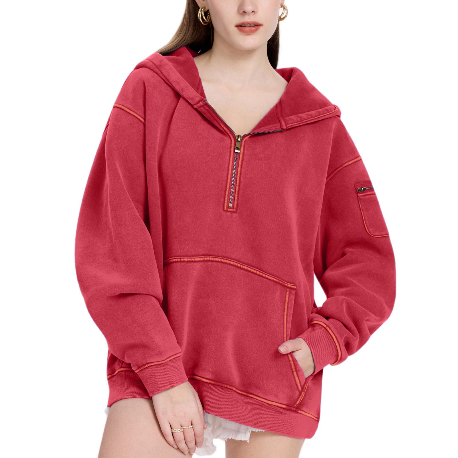 FAIABLE Hoodies Vintage Acid Washed Heavyweight Fleece Half Zip Unisex Hoodie for Women with Kangaroo Pocket & Earbud Sleeve Pocket Casual Aesthetic Streetwear Style Essential Comfort Hoodies SpringStatements