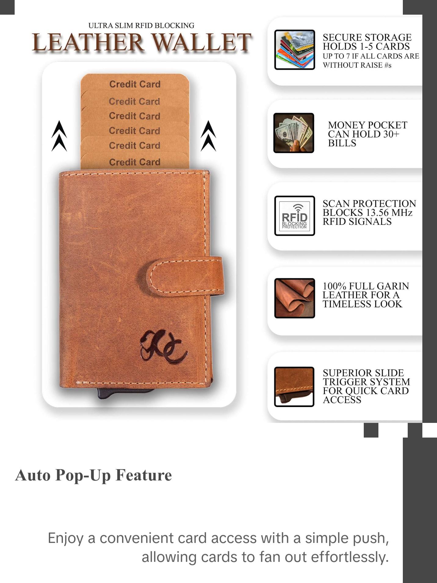 UC Leather Company Automatic Pop-Up Bifold Wallet Leather Compact RFID Blocking for Formal Occasions with ID Window & 8 Card Slots