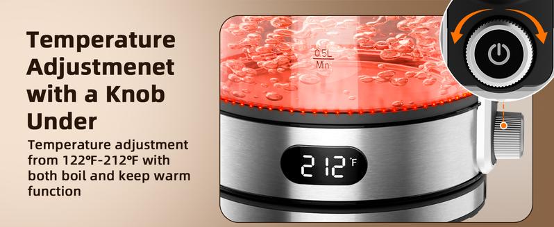Electric Kettle with Adjustable Temperature Control, 1.7L Stainless Steel & Glass Kettle, Ambient Light Indicator, Automatic Shut-Off, Overheat Protection, 360° Cordless Base