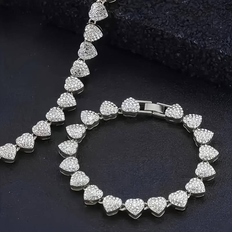 2pcs Set Heart Shaped Cuban Chain Necklace Set for &,Hip Hop Style Choker Set,Luxurious Jewelry Set for Valentine's Day Gifts, Birthday,Everyday & Party Wear, for Teenager