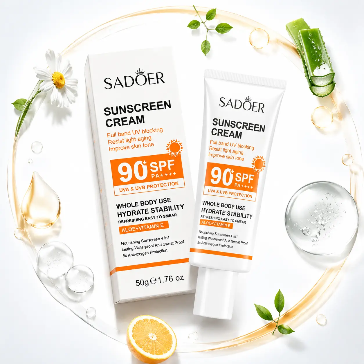 SADOER SPF90 PA++++ Sunscreen Cream with Aloe & Vitamin E - Refreshing, Nourishing, Waterproof, Sweat-Resistant Lotion for Daily Face & Whole Body Sun Care (Makeup Base Primer)