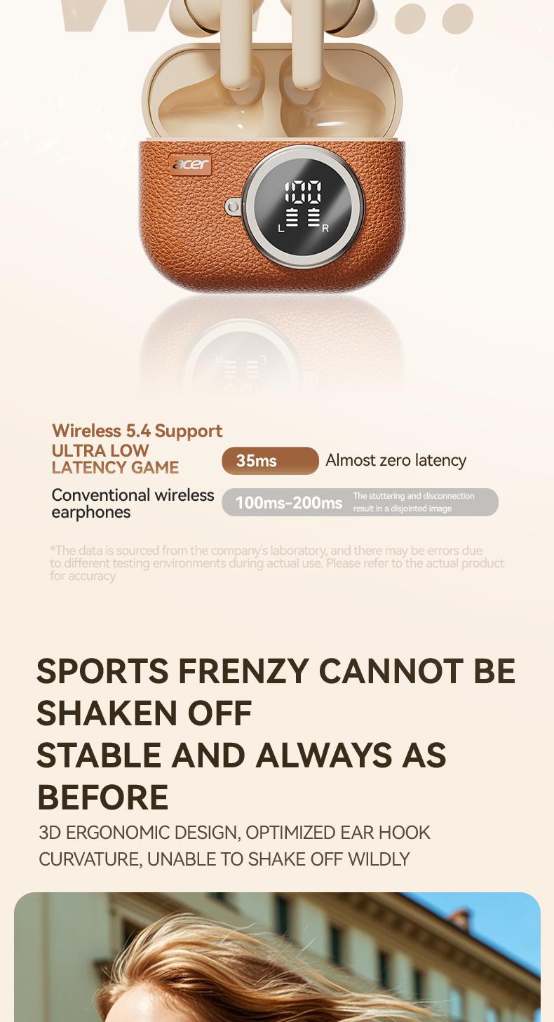 acer OHR508 Wireless Stereo Earbuds, In-Ear Noise-Canceling Earphones, Extra Long Battery Life, Universal Fit for Men and Women, Comfortable Wear, Noise Isolation Headphones, HIFI Sound Quality Music Headset Beige Audio Electronic