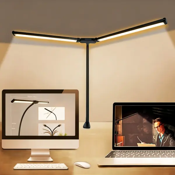 Adjustable Black Double Head Clip-On LED Desk Lamp - Eye-Caring Metal Shell Architect Task Light with Flexible Gooseneck, 3 Color Modes, 10 Brightness Levels, 5V/2A USB Port, 41cm Max Height - USB Adapters Compatible Lights for Bedroom, Office Supplies, L