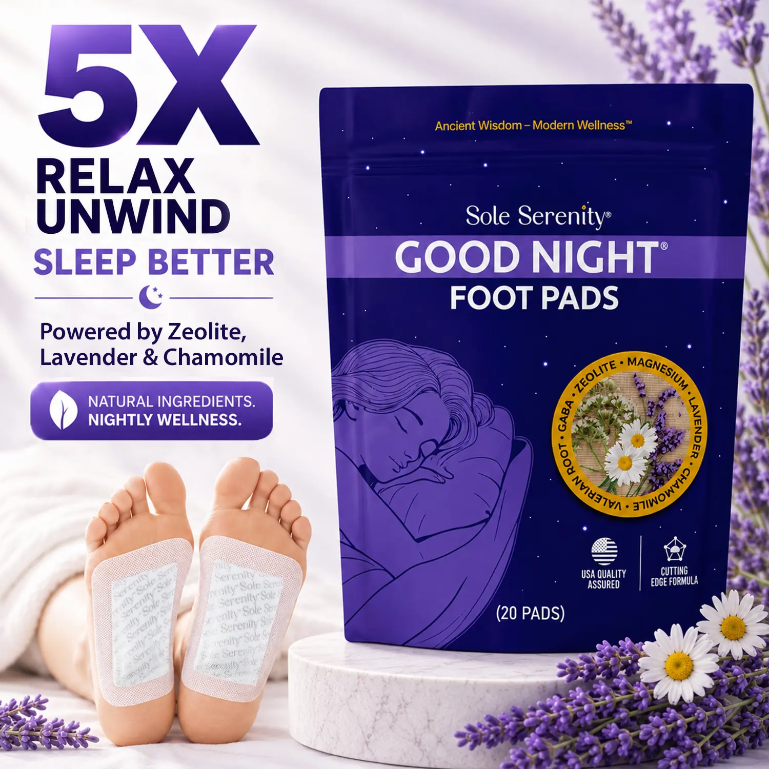 Sole Serenity Foot Pads – Overnight Self-Care Foot Patches with Zeolite & Botanical Ingredients | Relaxation & Night Routine