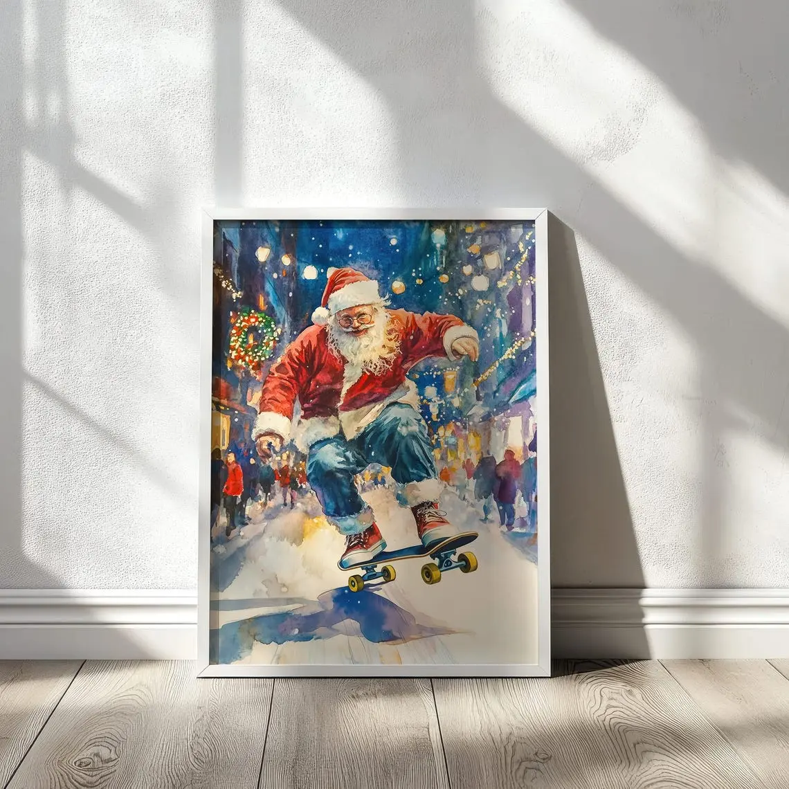 Santa Claus Skateboarding Print, Christmas Wall Art, Funny Santa Art, Holiday Printable Decor, Vintage Xmas Poster, Frameless