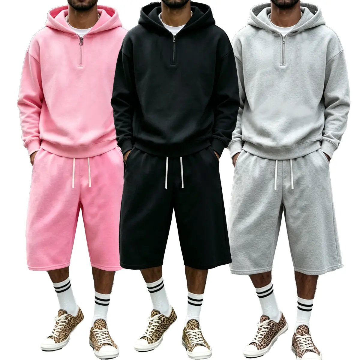 Men's 2-Piece Lightweight Athletic Outfits - Half-Zip Hoodie & Capri Pants Matching Set, Drawstring Elastic Waist, Soft Breathable Streetwear, for Workouts & Daily Wear, Athletic Tracksuits Sports Activewear Set, 2 Piece Sets