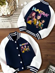 K-POP Huntress Girls Baseball Jacket, 3 Gold Armor Girls All-Over Print Front & Back, Purple & Pink Hair Characters, Contrast White Sleeves, Striped Collar, Loose Fit for All Figures, 4 Colors, Trendy Streetwear for School & Daily